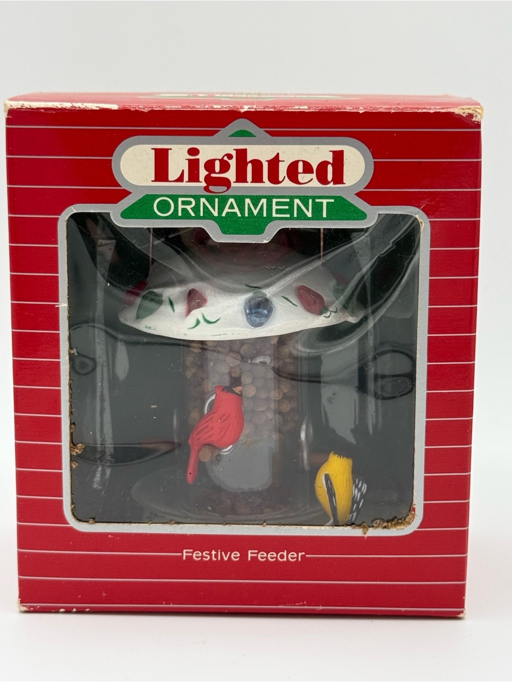 Vintage Hallmark Lighted Festive Feeder Ornament in Red, White, Green
